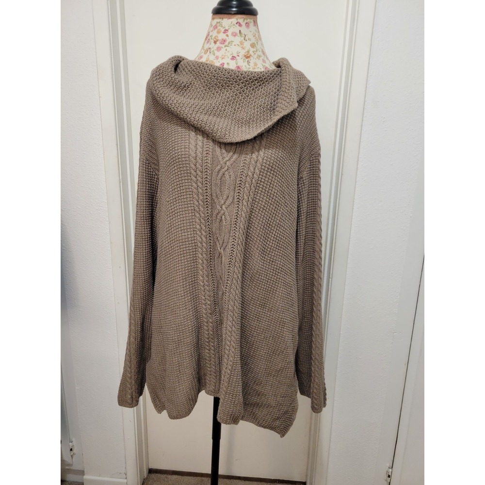Jeanne Pierre Women Brown Cowl Neck Cotton Cable Knit Pullover Sweater 3XL